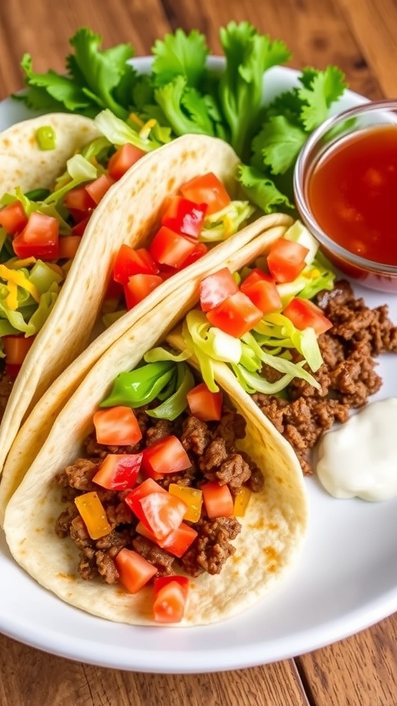 Beef tortillas filled with ground beef, lettuce, tomatoes, and cheese, served with salsa and sour cream.